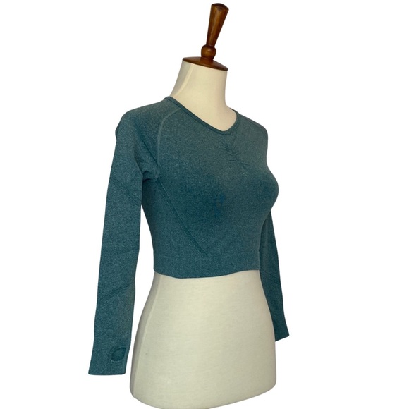 Teal Bluish Green Long Sleeve Yoga Sport Crop Top - Picture 10 of 16